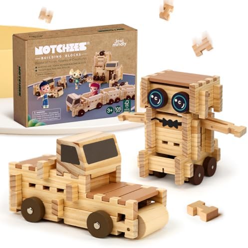 Jovi-mindly＆Notchies C117PCS Wooden Blocks Car Set Wooden Blocks with Wheels＆Vehicle Stickers|Preschool Learning Toys Wood Blocks Building for Kids Ages 3+ Creative Construction Birthday Toys Gifts by Jovi-mindly%EF%BC%86Notchies