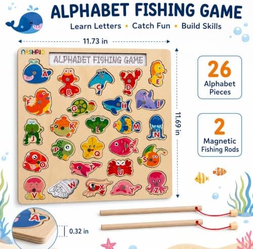 NASHRIO Magnetic Wooden Alphabet Fishing Game for Kids Ages 3-5, ABC Letter Puzzle Board with 26 Sea Animal Pieces, Preschool Learning Fine Motor Toy for Boys Girls 3 4 5 - Image 2