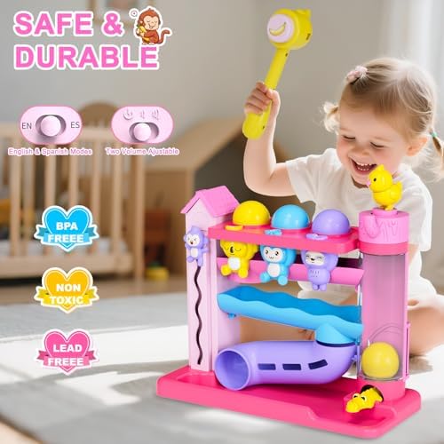 VOILBTOY Musical Toy for 1-2 Year Old Girls,Educational Toys,Ball Drop Toy with English & Spanish,Fine Motor Toys for Kids 1-3,Birthday Gift for 1+ Year Old Girl (Pink) - Image 2