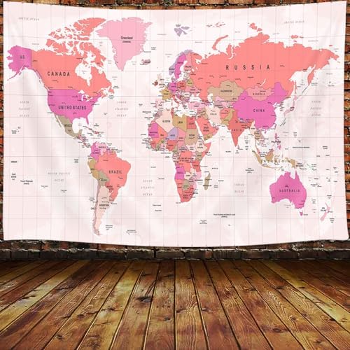 World Map Tapestry for Kids Student, World Map with Countries and Major Cities Tapestries Educational Asia Europe South City Topography America Africa Japan Wall Tapestry 48X36 Inch(Pink) by JAWO