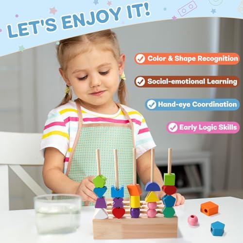3 in 1 Montessori Wooden Beads Sequencing Toy Set Color Sorting Stacking Geometric Shape Matching Game Beads Sequencing Toy Lacing Beads Stem Fine Motor Skills for Toddlers - Image 2