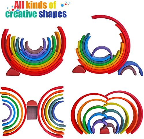 Dinhon Wooden Rainbow Stacking Toys, 12 Pcs Wood Building Blocks Set Wooden Building Blocks Nesting Puzzles, Early Matching Educational Learning Montessori Toys for Kids 3 4 5 6 Years and Up - Image 2