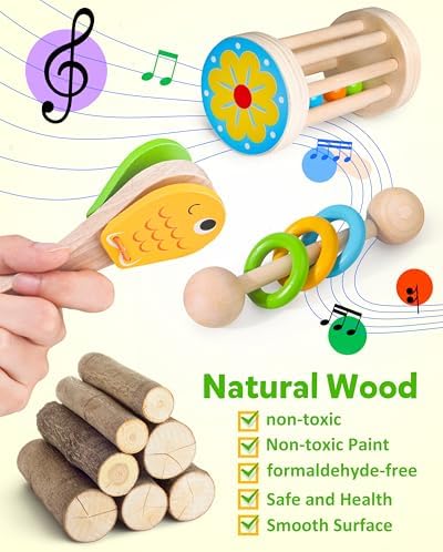 Coogam Wooden Musical Instruments for Toddlers, Tambourine Xylophone Castanet Flute Maracas Playset, Wood Percussion Rhythm Music Toy, Montessori Educational Learning Gift - Image 5