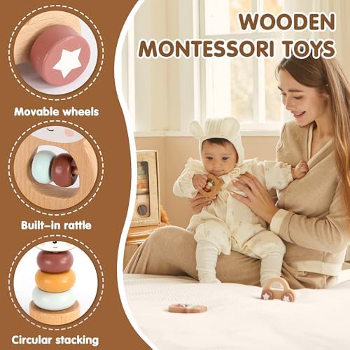 FReniland Wooden Montessori Toys, 5-Piece Wooden Baby Toys, Bear Baby Rattle, Fox Stacking Ring, Car Push and Pull Toys, Bear Grasping Toys,Newborn Baby Gift Sets for Boys and Girls - Image 2