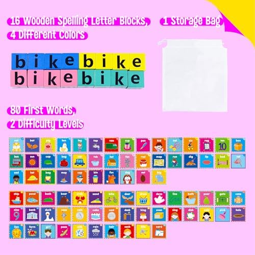 Word Spelling Game, 80 First Words with Wooden Alphabet Puzzle Blocks CVC Words Sight Words Learning Letter Matching Game Montessori Early Educational Toys for Preschool Kindergarten - Image 2