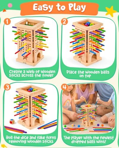 Montessori Wooden Board Games for Kids 4-6, 42 Sticks Ball Drop Dice Game - Image 6