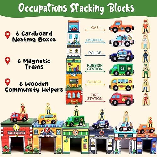 Atoylink Toddler Sorting and Stacking Toys with Magnetic Wooden Cars & Community Helpers, Baby Number Blocks Nesting Boxes Preschool Learning Montessori Toys for 2 3 Year Old Boys Girls Gift - Image 3