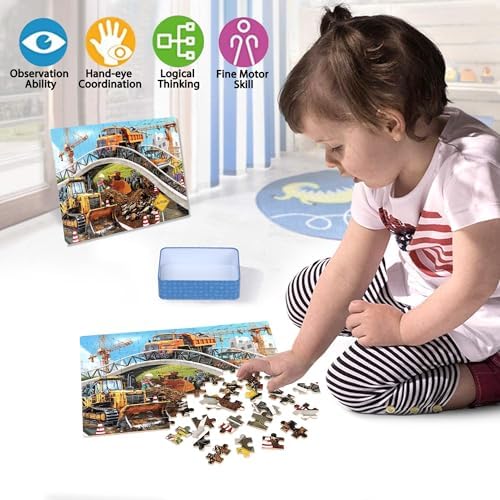 LELEMON Puzzles for Kids Ages 4-6,Construction Site 100 Piece Puzzles for Kids Ages 4-8 in a Metal Box,Educational Jigsaw Puzzles 100 Piece Puzzle Games Puzzle Toys for Girls and Boys - Image 3