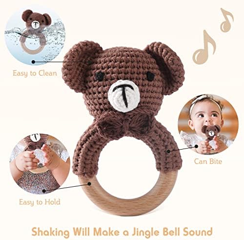 Wooden Baby Rattle Crochet Bear Baby Toys Handmade Newborn Toy Early Development Grips Stuffed Animal Organic Rattle - Image 2