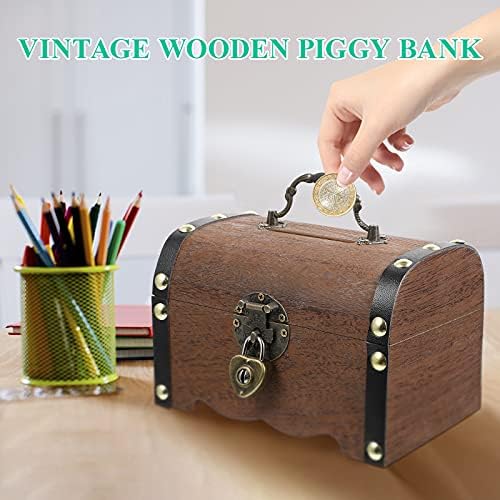 Wooden Treasure Chest Storage Box Wooden Money Storage Box Piggy Bank Organizer with Lock and Keys Gift for Kids and Adult - Image 6