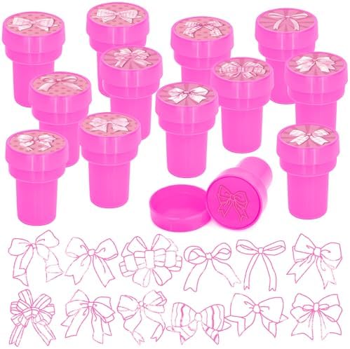 Cinrobiye 24 Pcs Pink Bow Stampers Party Favor Set, Cute Bow Stamps for Kids Birthday Party, Classroom Rewards, Girl Party Supplies, Goody Bag Fillers, Pink Themed Party Favors by Cinrobiye