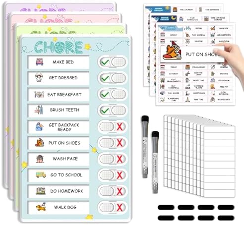 Dry Erase 4 in 1 Chore Chart for Multiple Kids - Magnetic Routine Chart with Slider Cute Chore Stickers, Visual Schedule for Kid with Autism to Do List Checklist for Kids by BOXVERIA