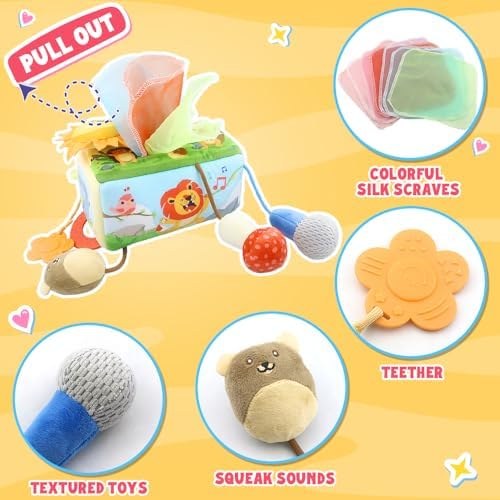 Caterbee Baby Tissue Box Toy with Hanging Hook, Sensory Pull Out Fabric Tissues, Rattle & Teether, Montessori Hanging Toy for Stroller, Car Seat & Crib,Montessori Sensory Toy for Infants (Forest) - Image 6