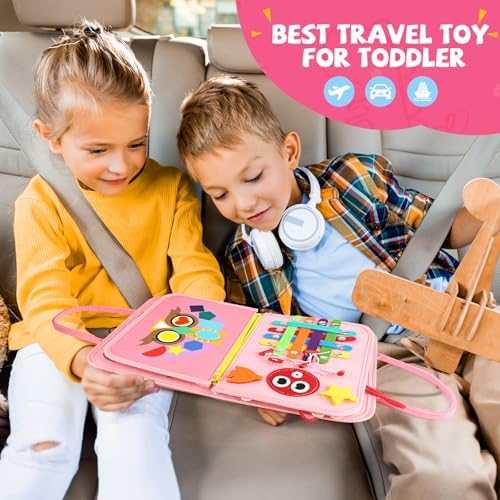Toddler Busy Board, Montessori Sensory Toys for Boys, 3-8 Year Old Girl Toddler Travel Toys, Educational Learning Activities Board for Motor Skills, Birthday Gifts for Airplane Car, Pink - Image 6