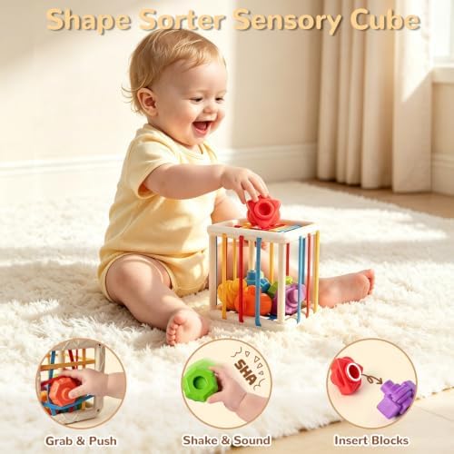 YOOYID 5 in 1 Baby Toys 6 to 12 to 18 Months, Montessori Toy for Babies 6-12 Months, Gifts for 1 Year Old, Sensory Toys for Babies, Baby Tissue Box, Stacking Cups, Shape Sorter Cube - Image 3