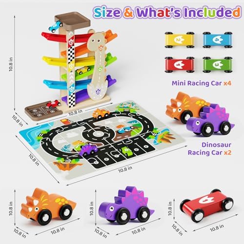 6-Level Wooden Car Ramp Toy with Road Puzzle and 6 Cars, Ages 18M+ - Image 2