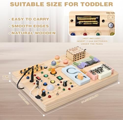 Joyreal Wooden Busy Board Montessori Toys for Toddlers, Sensory Activity Board with LED Lights, Music Box & Locks, Educational Learning Toy Gifts for Boys and Girls - Image 6