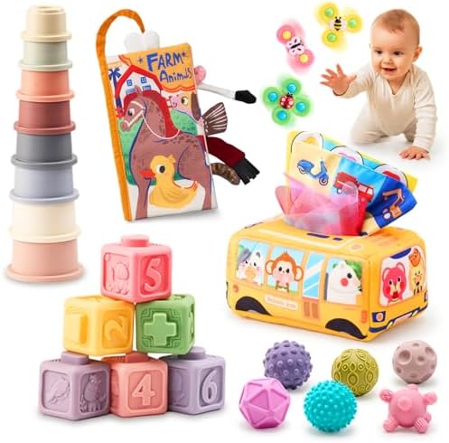 JoyCat Baby Toys 6-12 Months, Montessori Sensory Baby Toy Set with Stacking Cups, Soft Blocks, Tissue Box Toy, Spinner Toys, Sensory Balls, Cloth Book, Infant Learning Toys, Baby Shower Gift by JOYCAT