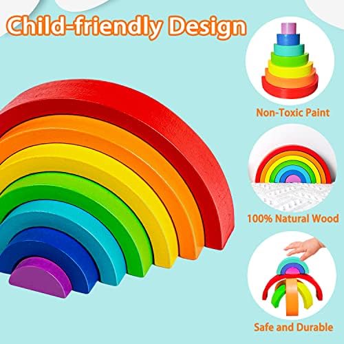 TUOWITA Wooden Rainbow Stacking Toy, Wood Stacker Arch Game, Montessori Arch Bridge Rainbow Building Blocks, Colorful Stacking Blocks Puzzles for Kids 2 3 4 5 Years Old, Rainbow Decor Toys - Image 3