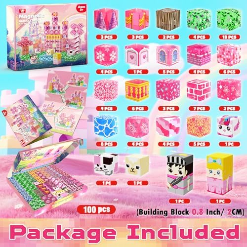 Magnetic Blocks - 100 PCS Transparent Magnetic Building Block for Kids, Pink Princess Castle Magnet Cubes Sets, Princess Toys for Girls Ages 3 4 5 6 7 8-12 Birthday Gifts - Image 2