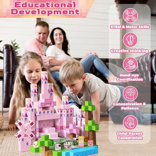 Magnetic Blocks - 100PCS Pink Princess Castle Magnetic Building Blocks, 3D Magnet Cubes for Girls, STEM Construction Toy for Kids Ages 3-12, Princess Toys for Kids Birthday Gifts - Image 6