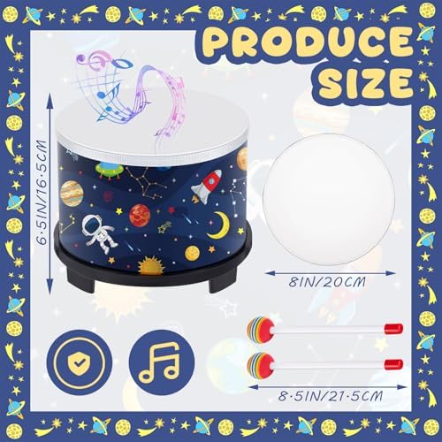 Boao Floor Tom Drum for Kids 8'' W x 6.5'' H Wooden Percussion Instrument Music Drum with 2 Rainbow Mallets Astronaut Educational Toys for Baby Children Toddler Boy Girl Birthday Gift - Image 2