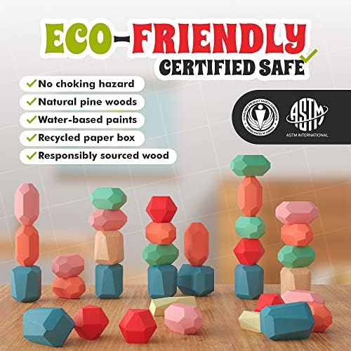 36 Pcs Wooden Stacking Blocks – Montessori Toys for 1 2 3 4 5 6 Year Old Toddlers and Kids, XL Rocks, No Choking Hazard – Sensory STEM Building Stones, for Girls and Boys - Image 3