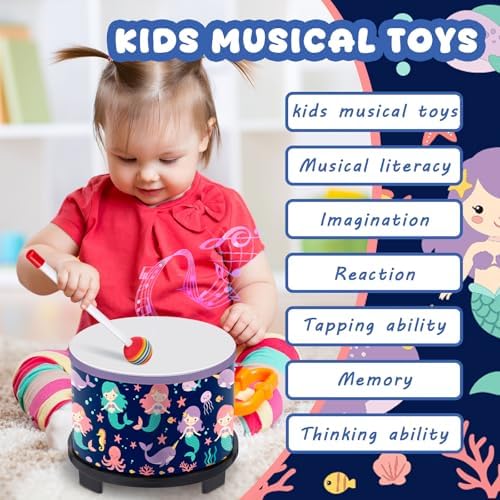 Boao Kids Floor Tom Drum with 2 Rainbow Mallets for Over Age 6 Year, Wooden Percussion Instrument Music Drum Set 8'' W x 6.5'' H Toys Educational Kids' Instruments for Birthday Gift(Mermaid Style) - Image 4