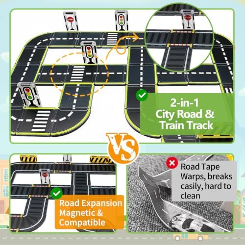 Magnetic Tiles Road Set, 26Pcs Large Double Sided Magnetic Blocks with Pullback Cars & Traffic Signs, STEM Toys for Kids Ages 4-8, Creative Gifts for 3+ Years Old Boys Girls - Image 4