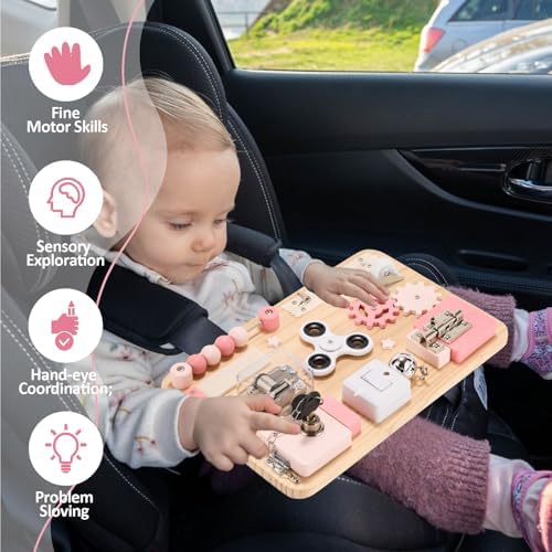 Potatomato Pink Montessori Wooden Busy Board – Sensory Toy for Toddlers – Educational Activity Board for Kids Fine Motor Skills– Travel Fidget Toy for Girls & Boys – Birthday Gift for Autism & ADHD - Image 3