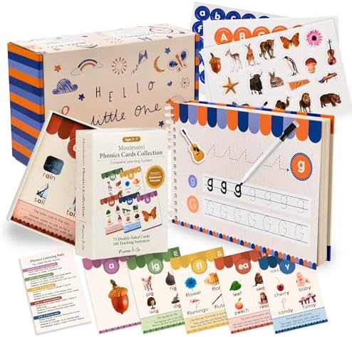 Montessori Phonics Set 20 Stages All-in-One Reusable Write & Wipe Activity Book with 73 Phonics Flash Cards Calm Early Learning Kit for Kids Ages 3–6 by RumaCo