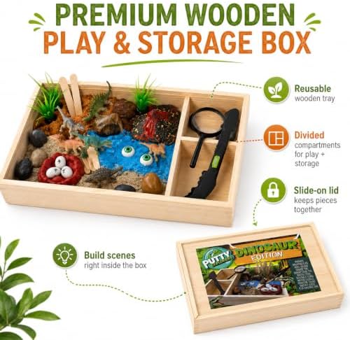 Putty Explorers Dinosaur Sensory Bin Kit for Kids Ages 4-8, Wooden Play & Storage Box with 3 Colors of Sensory Sand, Dino Figures, Eggs, Volcano & Explorer Tools, STEM Imaginative Play - Image 4