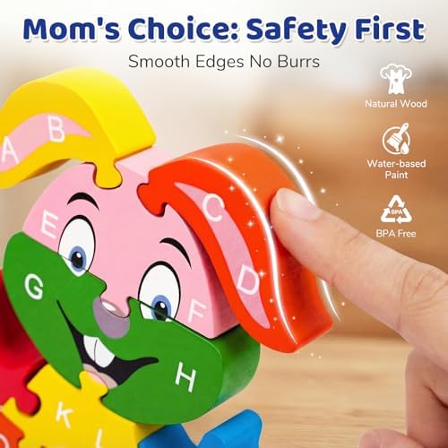 LovesTown Wooden Puzzles for Kids, Double Sided Rabbit Jigsaw with Alphabet & Numbers, Montessori Educational Toy for Toddlers, Chunky Animal Gift (Pack of 2) - Image 3