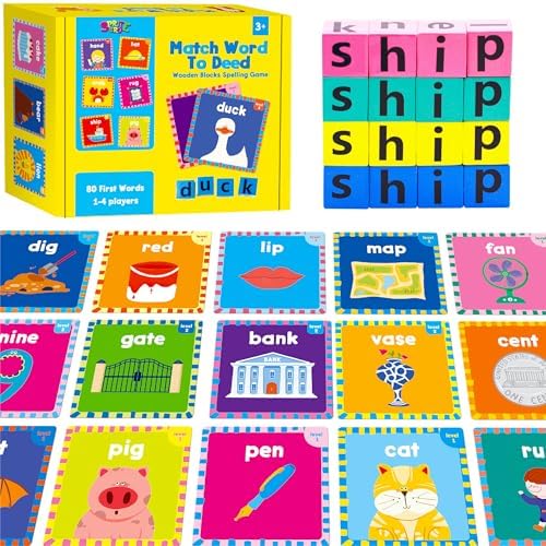 Word Spelling Game, 80 First Words with Wooden Alphabet Puzzle Blocks CVC Words Sight Words Learning Letter Matching Game Montessori Early Educational Toys for Preschool Kindergarten by SpriteGru