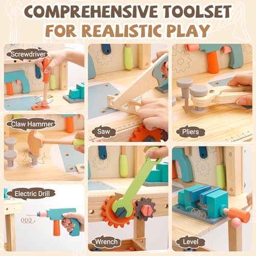Tool Bench for Kids Toy Play Workbench Wooden Tool Bench Workshop Workbench with Tools Set Wooden Construction Bench Toy for 3 4 5 Year Old Boys and Girls - Image 2