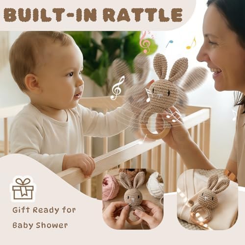 Moyii Natural Wooden Baby Rattle - Organic Crochet Bunny Teether Ring - Montessori Sensory Grasping Toy for Infants 0-12 Months, BPA-Free Handmade Newborn Shower Gift - Image 4