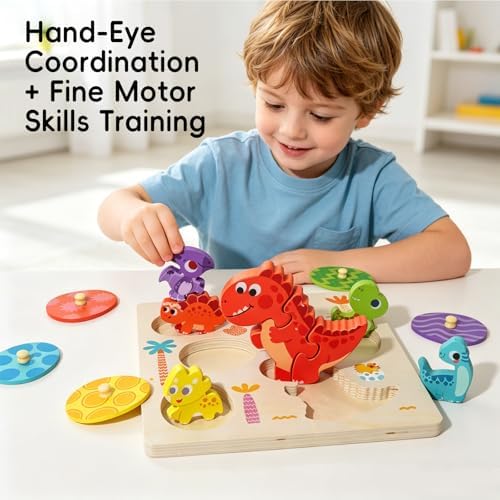 Upgraded Montessori Dinosaur Puzzle for Toddlers, 3-Piece T-Rex Puzzle + 5 Egg-Shaped Matching Puzzles, Safe Wooden Educational Toy for 1-3 Years 2-4 Years Old Boys Girls, - Image 2