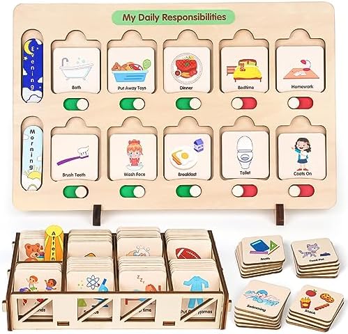 Dreamon Wooden Visual Schedule for Kids Morning and Bedtime Routine Chart by Dreamon