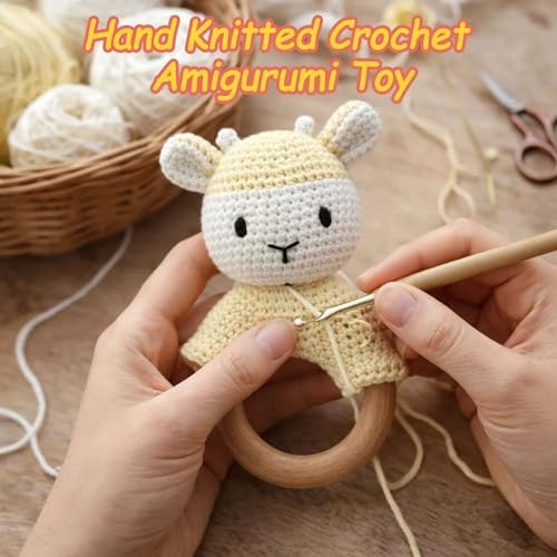 Sheep Baby Rattle for Newborn Plush Rings Crochet Lamb Teether Toy Baby Shower Wood Handle Textured Sensory Grip Fine Motor Skills Teething Toy Cute Farm Animal Plush Stuffed Stuffer Photo Prop - Image 3