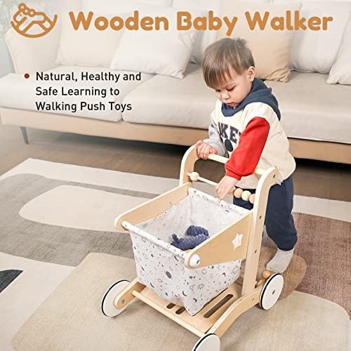 Woodtoe Wooden Baby Walker Doll Stroller, Adjustable Speed Shopping Cart for Toddlers 1-3, Baby Push Walker, Pretend Play Grocery Wagon, Baby Push Toys, Montessori Birthday Toy Gift for 1 2 3 Year Old - Image 2