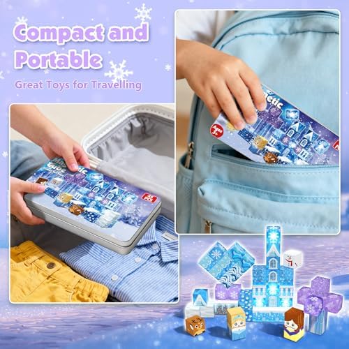 Magnetic Blocks, 45pcs Travel Toys Building Set with Magnetic Tin Box, Transparent & Light Up Magnet Cubes for Blue Snow Castle Build, Princess Toy Birthday Gift for Kid Girl 3+ - Image 6