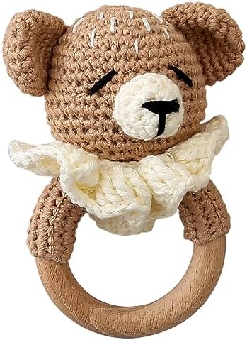 Wooden Baby Rattle，Crochet Bear Rattle with Wood Ring, Newborn Wooden Animal Rattle Toy，Infant Bear Wood Rattle Toys by Chriswell