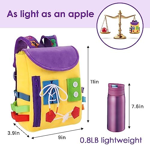 Busy Board - Toddler Backpack with Buckles and Learning Activity Toys - Develop Fine Motor Skills and Basic Life Skills - Learn to Tie Shoes - Children's Travel Toy (Yellow) - Image 5