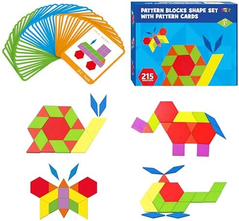 215 PCS Wooden Pattern Blocks Set, 24 Double-Sided Design Cards Pattern Building Shapes Educational Geometric Shape Puzzle Fun Tangram Montessori Learning Toys for Kids Ages 4-8 (A Storage Bag) by SpriteGru