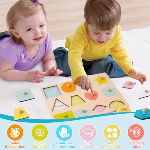 Montessori Toy for Babies 12-18 Months Wooden Shape Puzzles for Toddlers 1-3,Shape Peg Puzzles,Baby Puzzle 12-18-24 Months with Knob,Color & Shape Sorter for Toddlers(12 Geometric Shapes) - Image 2