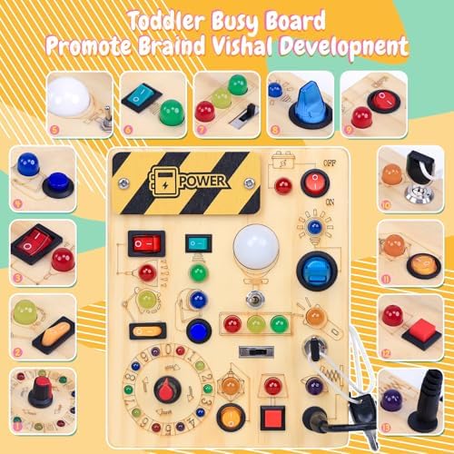 Busy Board with LED Light Switches, Montessori Toys for 1 2 3 Years Old, Toddlers Wooden Toy Sensory Activity Board, Travel Toys for 1+ Year Old Boy & Girl Birthday Gift - Image 2