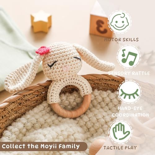 Moyii Handmade Crochet Baby Rattle Toy, 100% Organic Cotton Amigurumi Animal with Natural Beech Wood Teether Ring, Soft Sensory Newborn Toy, Montessori Nursery Gift for Boys & Girls - Image 6