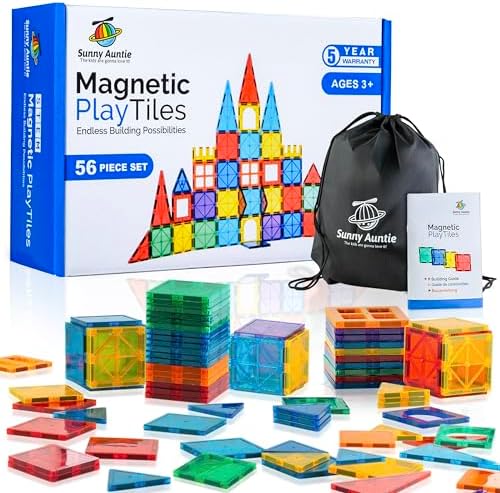 SUNNY AUNTIE Magnetic Tiles 56 PCS Building Set – Magnetic Building Tiles STEM Toy for Kids & Toddlers Ages 3-8, Magnet Construction Set for Boys & Girls by SUNNYAUNTIE