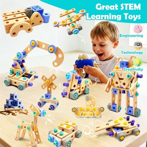 Kids STEM Building Toys For Ages 3-5 4-6 4-8 5-7 6-8 Years Old Boy Birthday Gift,101 Pcs Preschool Educational Construction Toys Tools Set With Drill,Toddler Design Drill Screw Toys (blue101) - Image 4