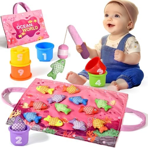 Montessori Toys for 1 Year Old Girl Gifts, Pink Cloth Fishing Toy for Toddler 1-3, Fine Motor Skills Toy Sorting Learning Baby Toys 6-12-18 Months, Toddler Toys for Baby Easter Gifts by BAHIAKLO